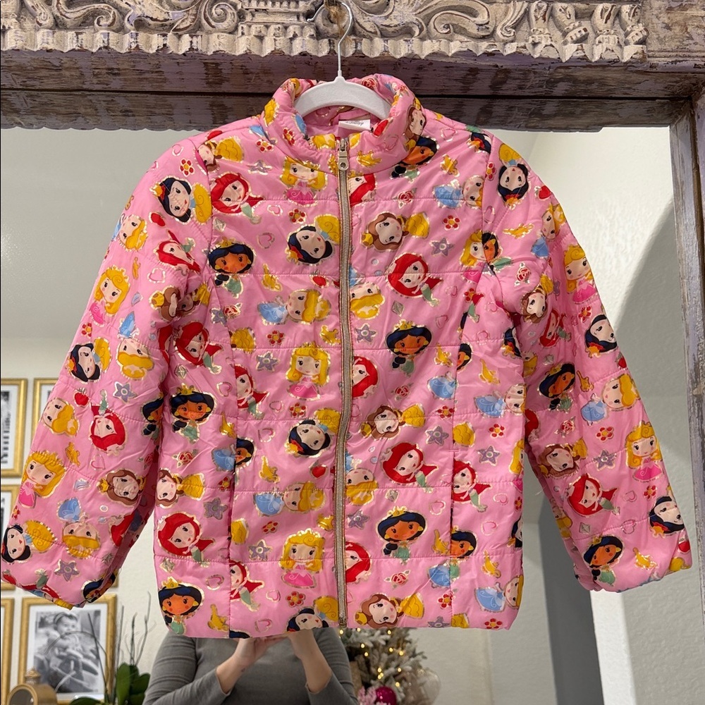 Authentic Disney Pink Kids Puffer Jacket with Princess Print and Gold Zipper